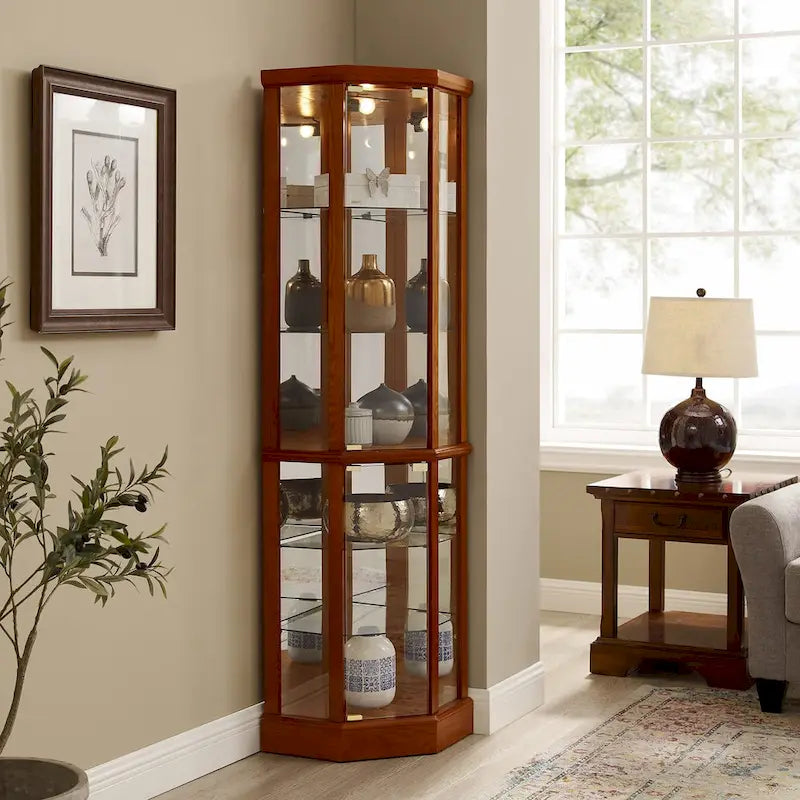 6-Shelf Corner Curio Cabinet 70"H - Lighted Display with Mirrored Back, 4 Adjustable Glass Shelves & 2 Doors, 15lbs per Shelf