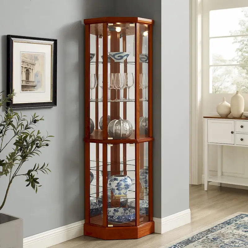 6-Shelf Corner Curio Cabinet 70"H - Lighted Display with Mirrored Back, 4 Adjustable Glass Shelves & 2 Doors, 15lbs per Shelf