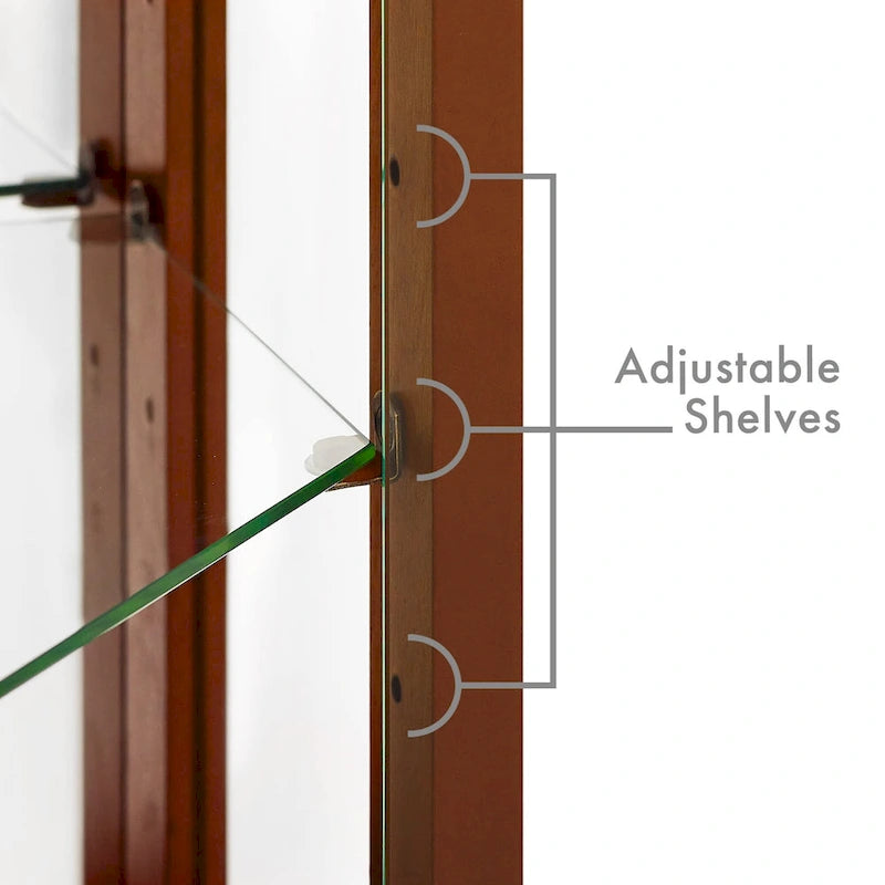 6-Shelf Corner Curio Cabinet 70"H - Lighted Display with Mirrored Back, 4 Adjustable Glass Shelves & 2 Doors, 15lbs per Shelf