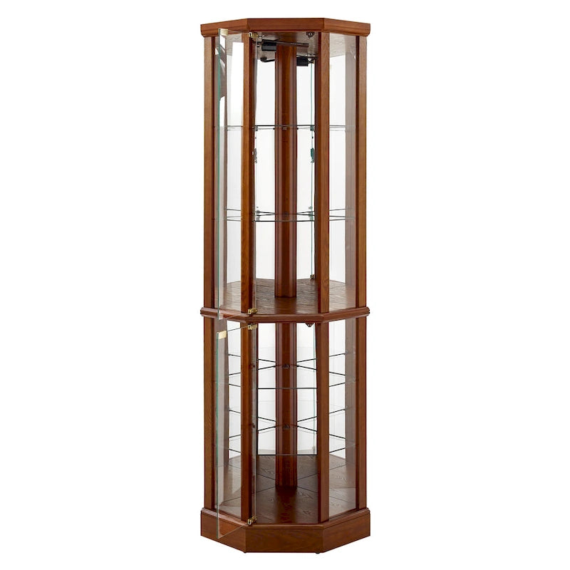 6-Shelf Corner Curio Cabinet 70"H - Lighted Display with Mirrored Back, 4 Adjustable Glass Shelves & 2 Doors, 15lbs per Shelf