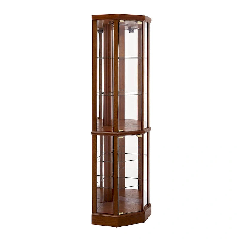 6-Shelf Corner Curio Cabinet 70"H - Lighted Display with Mirrored Back, 4 Adjustable Glass Shelves & 2 Doors, 15lbs per Shelf