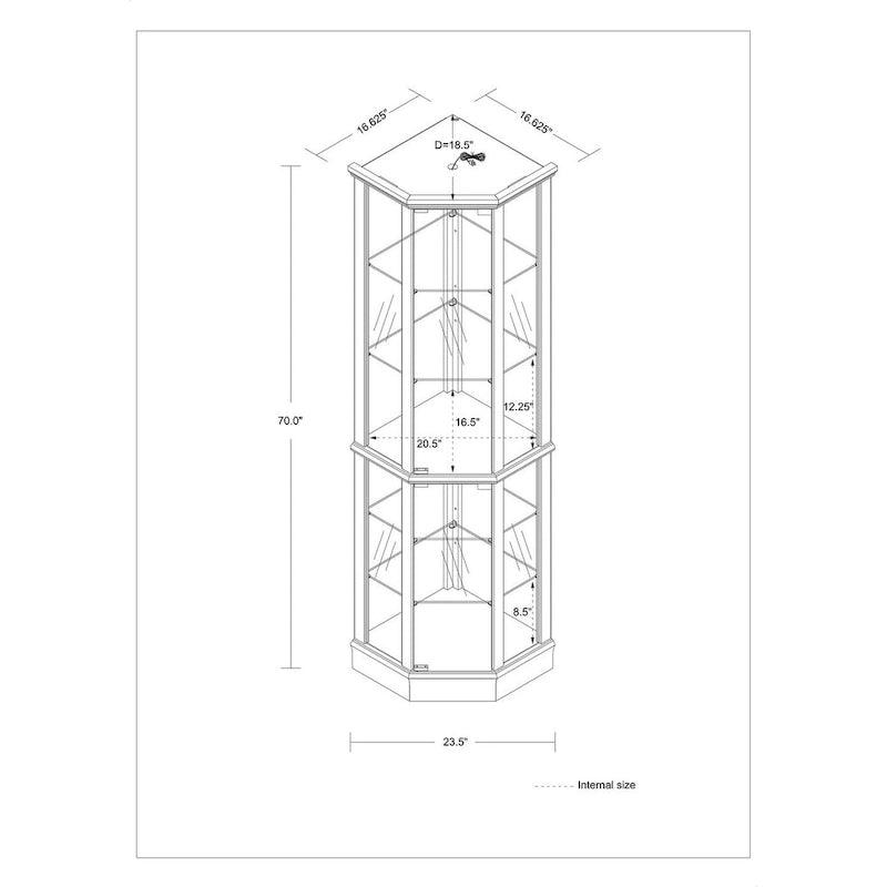 6-Shelf Corner Curio Cabinet 70"H - Lighted Display with Mirrored Back, 4 Adjustable Glass Shelves & 2 Doors, 15lbs per Shelf