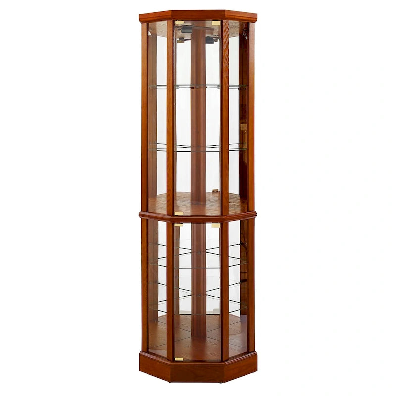 6-Shelf Corner Curio Cabinet 70"H - Lighted Display with Mirrored Back, 4 Adjustable Glass Shelves & 2 Doors, 15lbs per Shelf