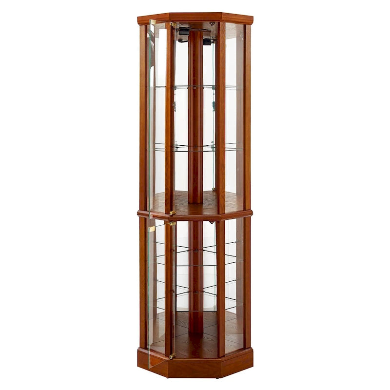 6-Shelf Corner Curio Cabinet 70"H - Lighted Display with Mirrored Back, 4 Adjustable Glass Shelves & 2 Doors, 15lbs per Shelf
