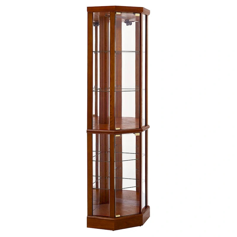 6-Shelf Corner Curio Cabinet 70"H - Lighted Display with Mirrored Back, 4 Adjustable Glass Shelves & 2 Doors, 15lbs per Shelf